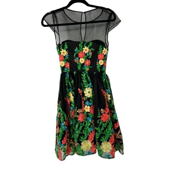 ModCloth Black‎ Bright Garden Floral Sheer Mesh Shoulders Dress - Picture 2 of 10